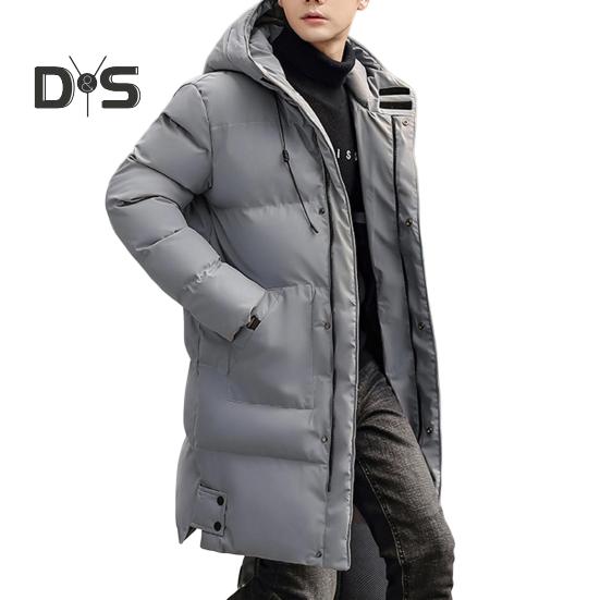 

Мужское хлопковое пальто с капюшоном, длинными рукавами и шнурком, пуховик средней длины с карманами, однотонное утолщенное стеганое пальто XL серый