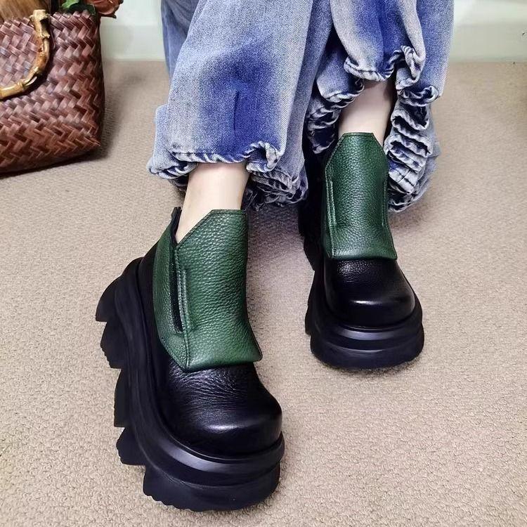 

Thick-soled retro 2025 autumn and winter handmade women s boots light luxury muffin super big head boots color matching velvet wedge heel short boots 40