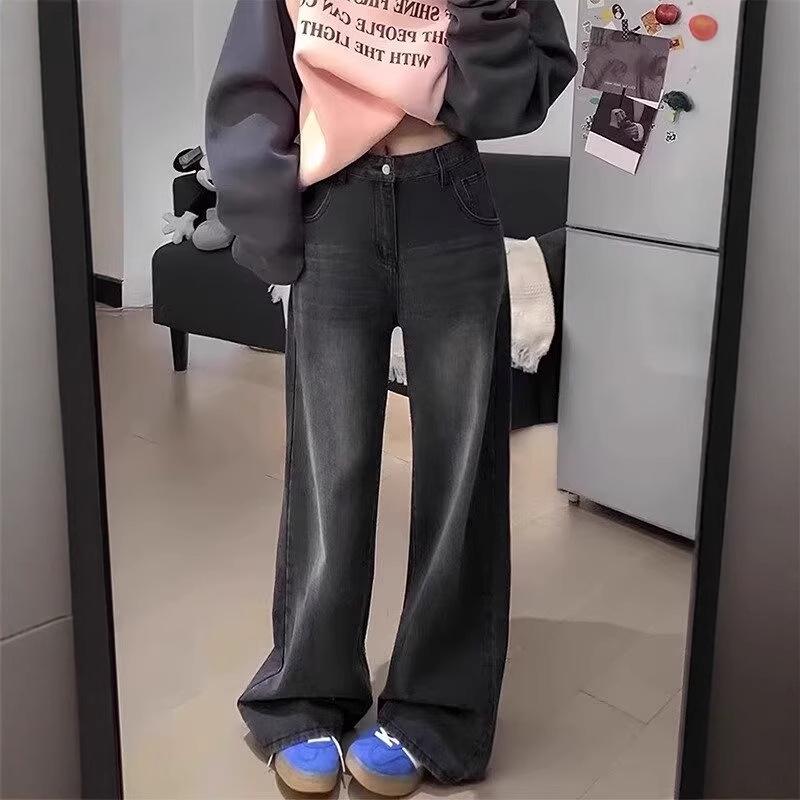 Black Gray Women's High-Waist Straight-Leg Jeans - Autumn/Winter, Slimming, Plus Velvet, Wide-Leg, Floor-Length.