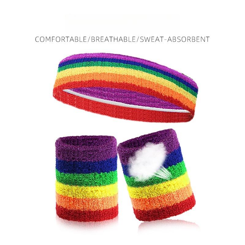 Rainbow Bracer Headband High Elasticity Sweat Absorbing Sports Basketball Band Hair Bracer Three-piece Set
