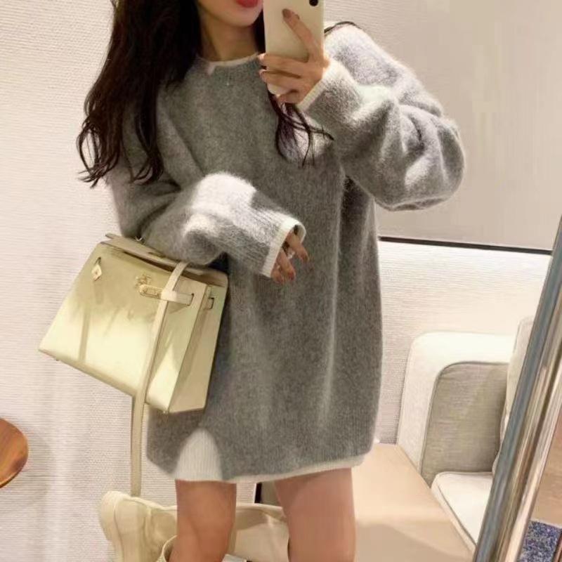 Soft milk blue fake two-piece sweater jacket women's autumn and winter lazy wind medium long thickened loose pullover top