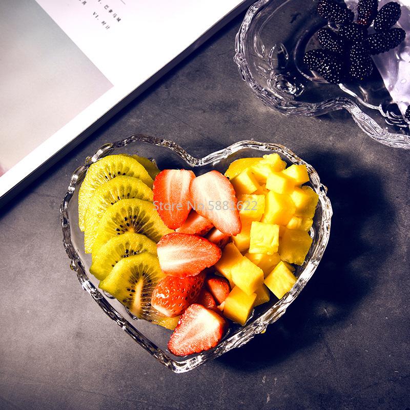 Transparent Heart Shape Rose Glass Fruit Dish Tray Floral Engraving Nuts Salad Bowl Snack Dishes Plate Tableware for Lovers
