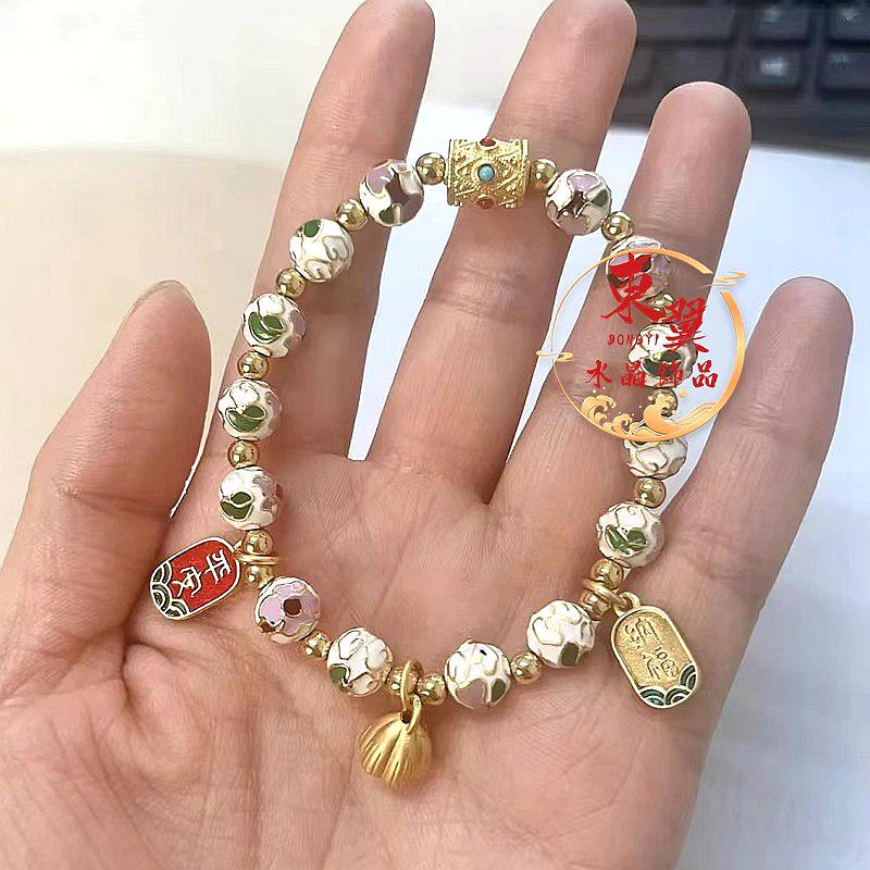 Cloisonné Enamel Lotus Pod Bracelet with Ash Glaze and Gold Foil Luck Bead