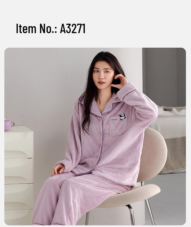 Women's Winter Flannel Pajama Set: Long Sleeve Cardigan & Warm Coral Fleece with Cartoon Panda Design