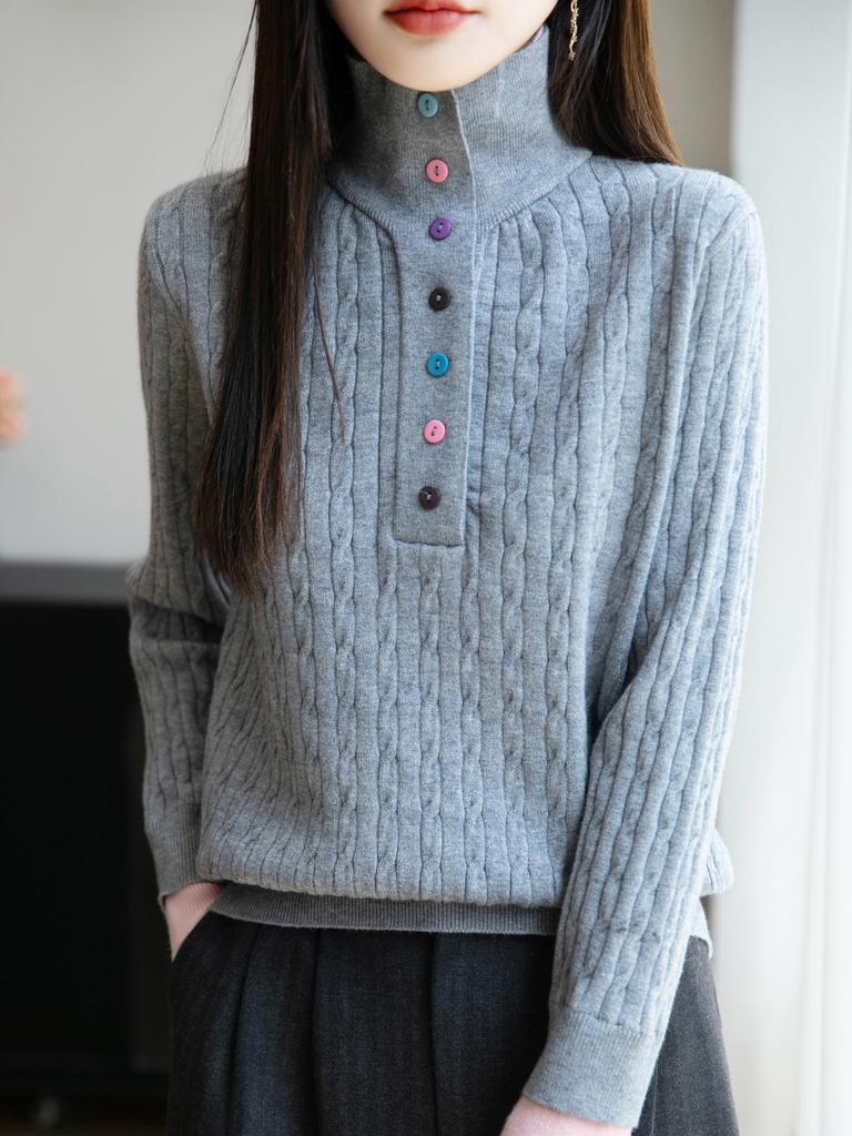 High-End Women's Retro Cable Knit Sweater: Two-Piece, Half-Open Collar, Korean Style, Autumn/Winter Slimming Knitwear