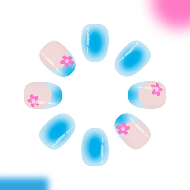 24Pcs Shining Oval Shape Blue Artificial Nail Safe Material For Sensitive Skin And Quick Application
