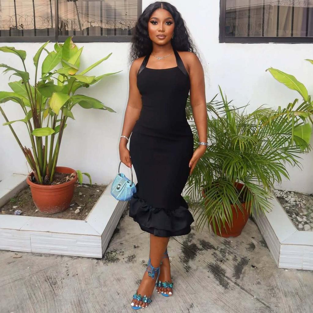 African new women's clothing sleeveless neck solid color waist dress women's fashion temperament European and American hip-wrapped fishtail dress