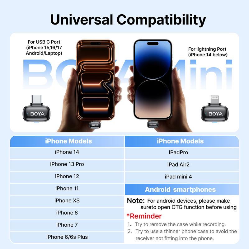 BOYA Mini 2 Trådløs Lavalier Krave Mini Mikrofon Støjreduktion til iPhone 6-17 USB-C Android Smartphone PC Live Streaming