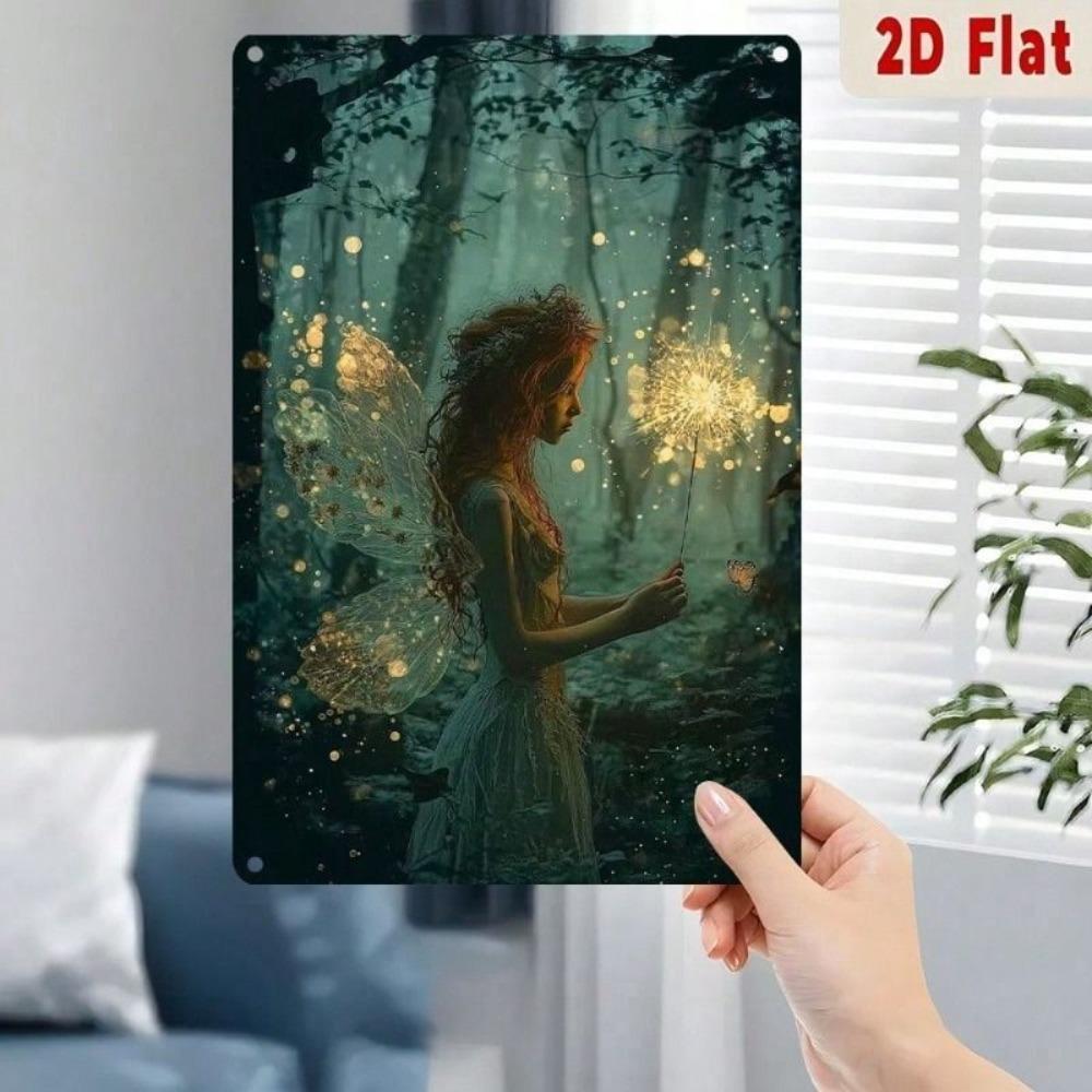 Metal Poster Forest Fairy with Light, Wall Art Decor for Living Room