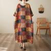 DIMANAF New 2025 Summer Dress Short Sleeve Linen Casual Loose Women Vintage Printing Plus Size Dress O-Neck Dress Maxi