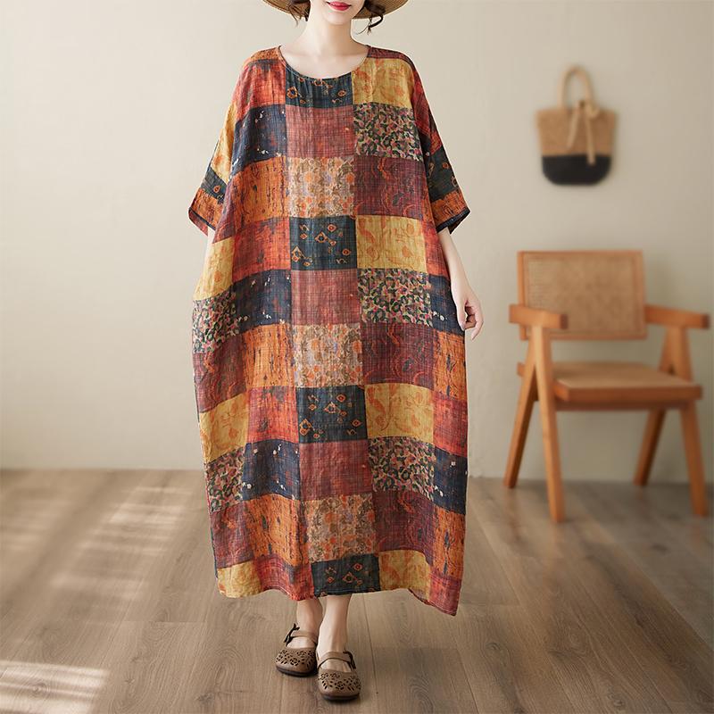 DIMANAF New 2025 Summer Dress Short Sleeve Linen Casual Loose Women Vintage Printing Plus Size Dress O-Neck Dress Maxi