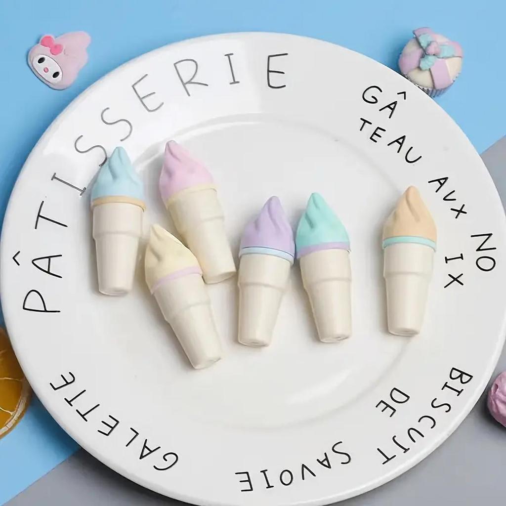 6pcs Mini Ice Cream Cone Highlighter Pens - Cute Fluorescent Markers In Pastel Colors for Note-Taking and Journaling