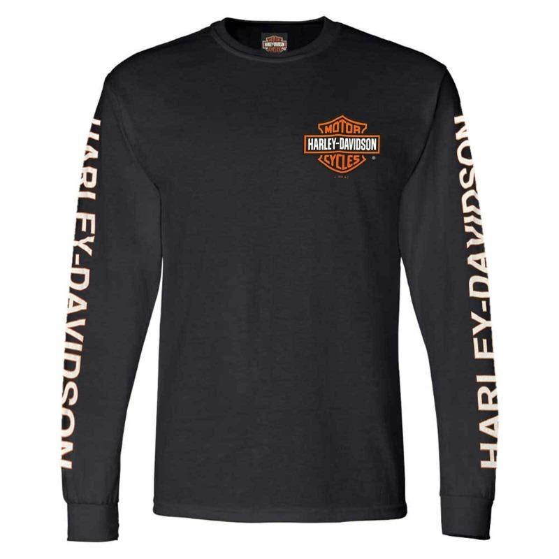 Brandneues neuestes Modell Harley-Davidson Herren Langarm-T-Shirt, Graue Weiße Schwarze Colorblock-Farben mit Logo-Print, Rundhalsausschnitt Slim Fit Moto-Stil XL black