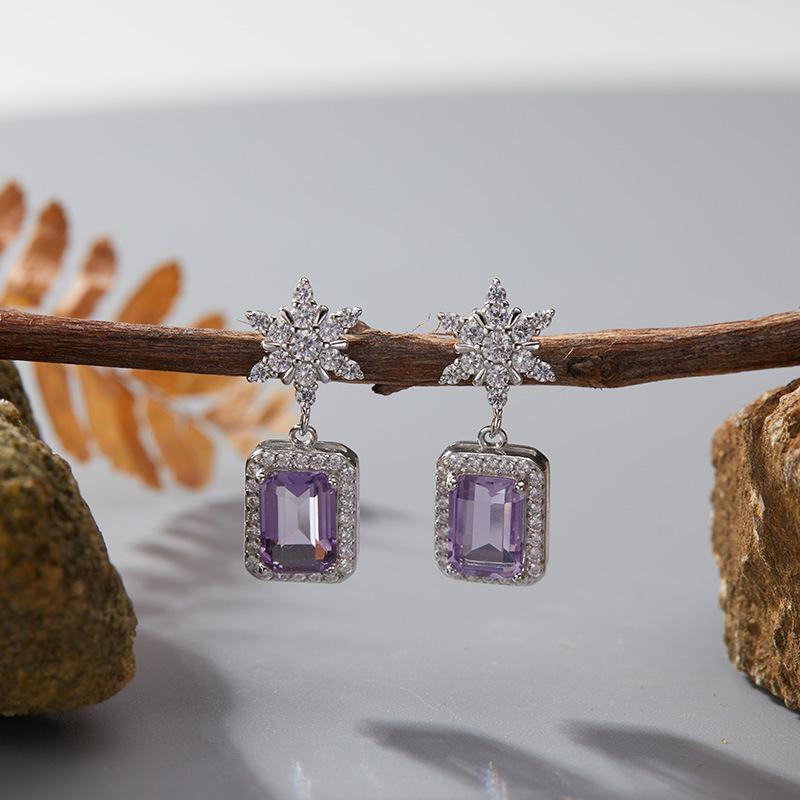Niche High-End Sense S925 Sterling Silver Natural Colored Treasure Sugar Snowflake Earrings Light Luxury Non-Fading Jewelry Elegant Design
