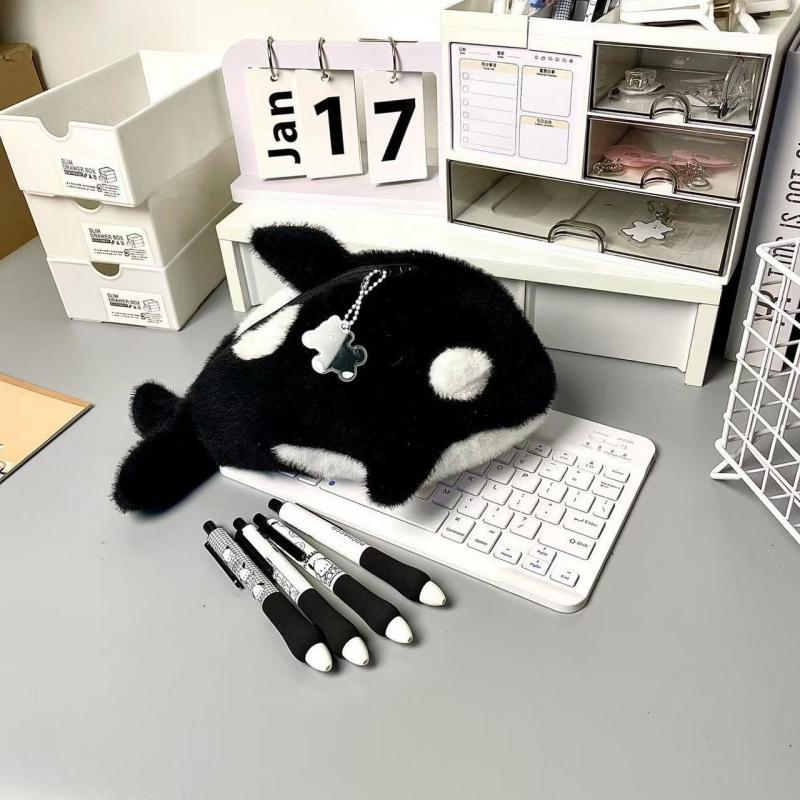 Cartoon Plush Killer Whale Pen Bag Large Capacity Stationery Bag Student Gift For School Office Funny Pencil Case