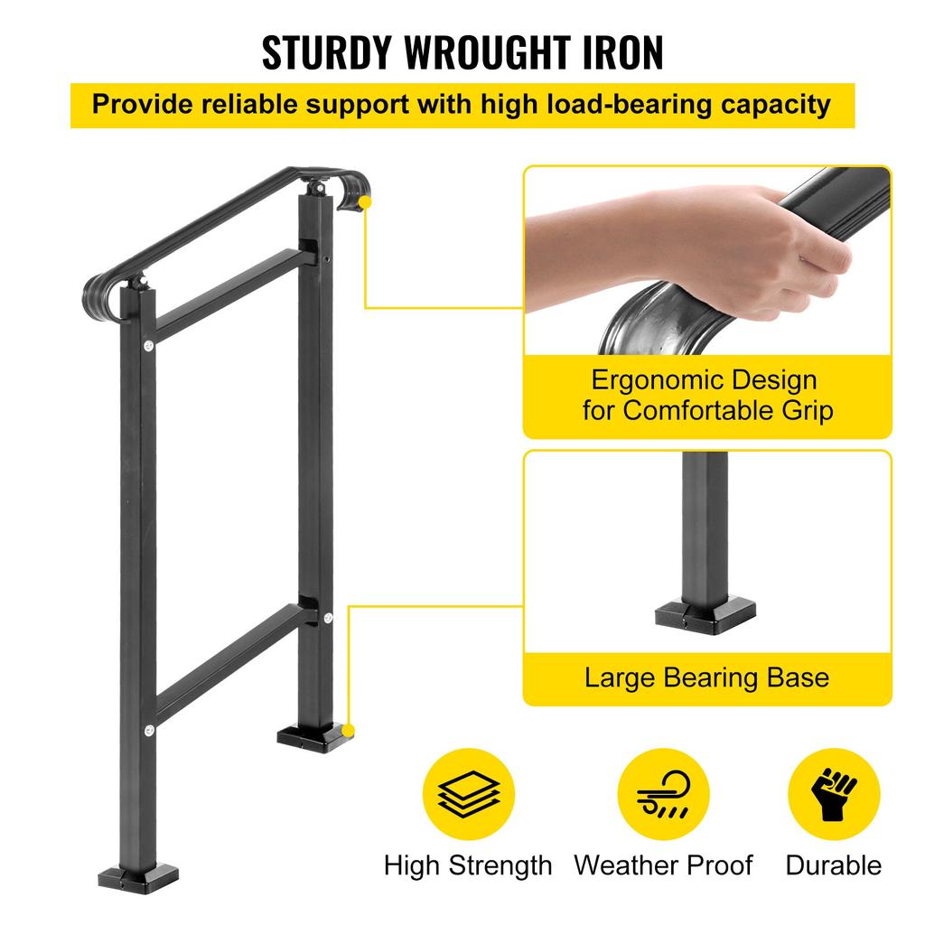 VEVOR Wrought Iron Handrail, Fit 1 or 2 Steps Outdoor Stair Railing, Adjustable Front Porch Hand Rail