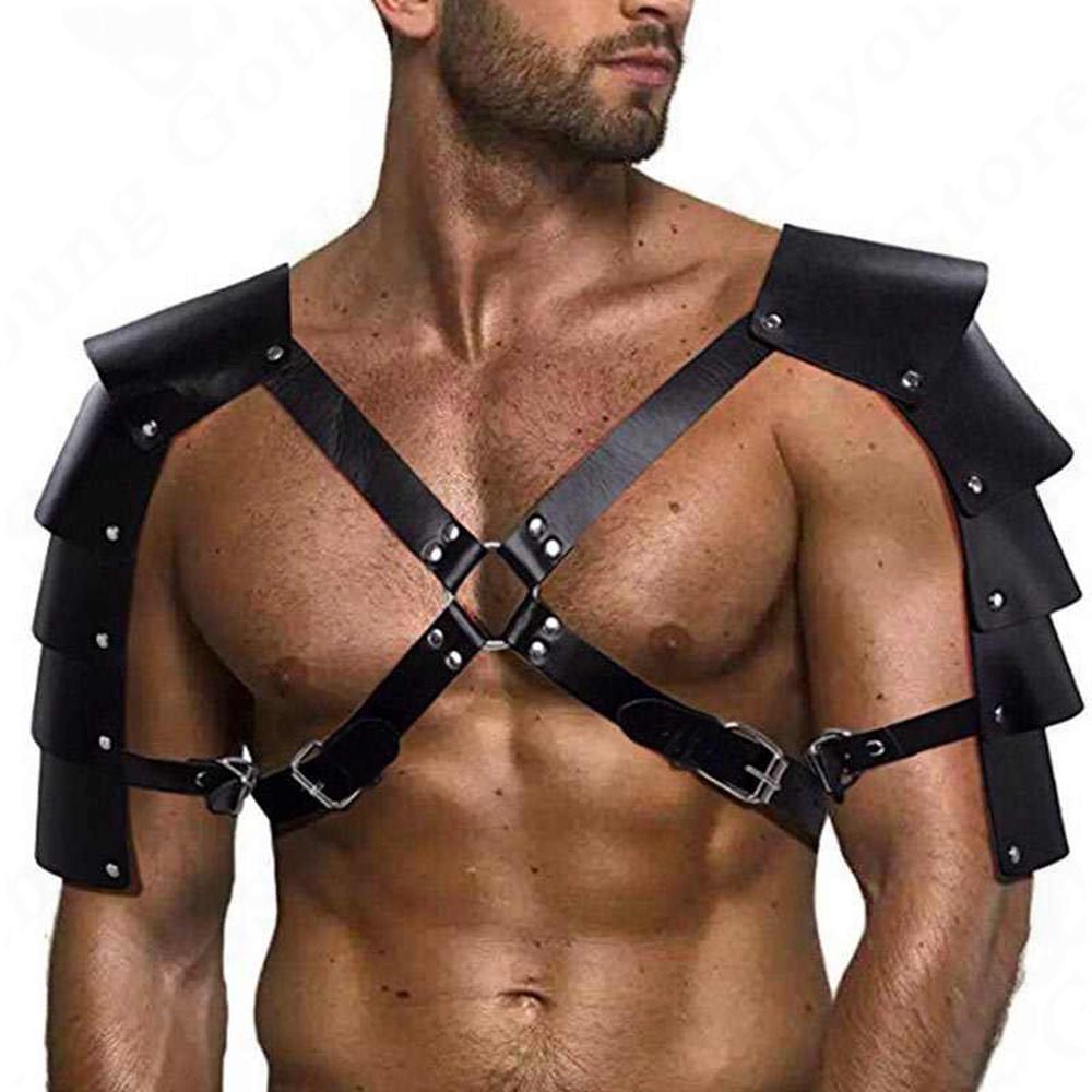 Gay Herren PU Leder Geschirr Doppelte Schulter Rüstungen Schnallen Sexuelles Körper Brust Geschirr Gürtel für Erwachsene Sex Cosplay Halloween Party