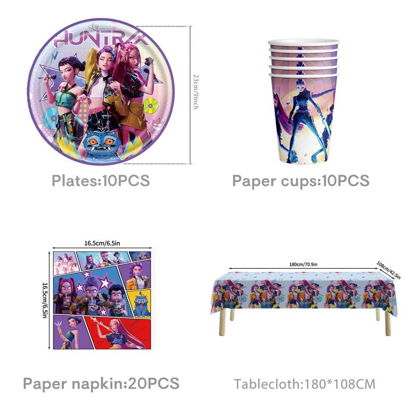 Kpop Demnn Huter Jednorázové nádobí Kpop Anime Huntrix Narozeninová párty potřeby Kelímky Talíře Vlaječky Dekor Pozadí Po Rekvizity