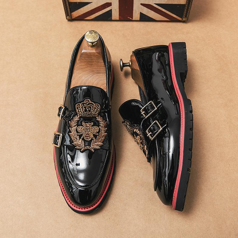 Fashion Men's Loafers Slip-On Patent Leather Fashion Daily Business Casual Men Shoes Wedding Party Embroidered Double Buckle Dress Shoes