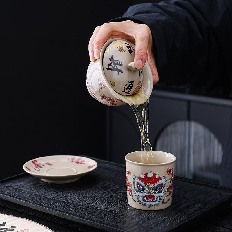 Chinese Style Grass And Wood Gray Lion Dance Three Talent Cover Bowl Teacup Single High-Grade White Porcelain Tea Kung Fu Tea Set Tea Bowl