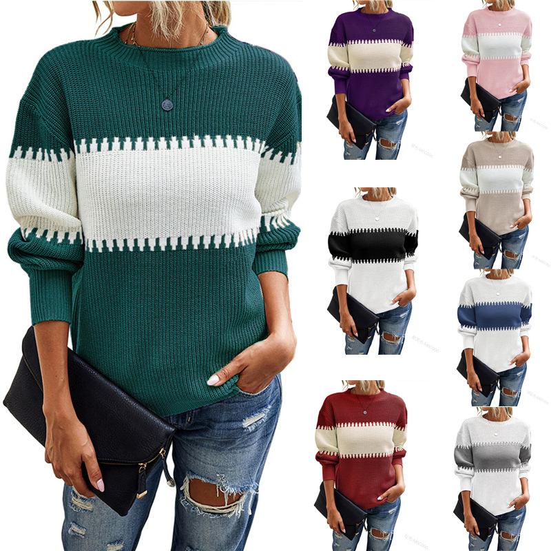 Contrast Colour Striped Knitted Sweater for Women Bell Sleeves Top Women's Round Neck Luxurious Relaxed-fit Slimming and Versatile Top