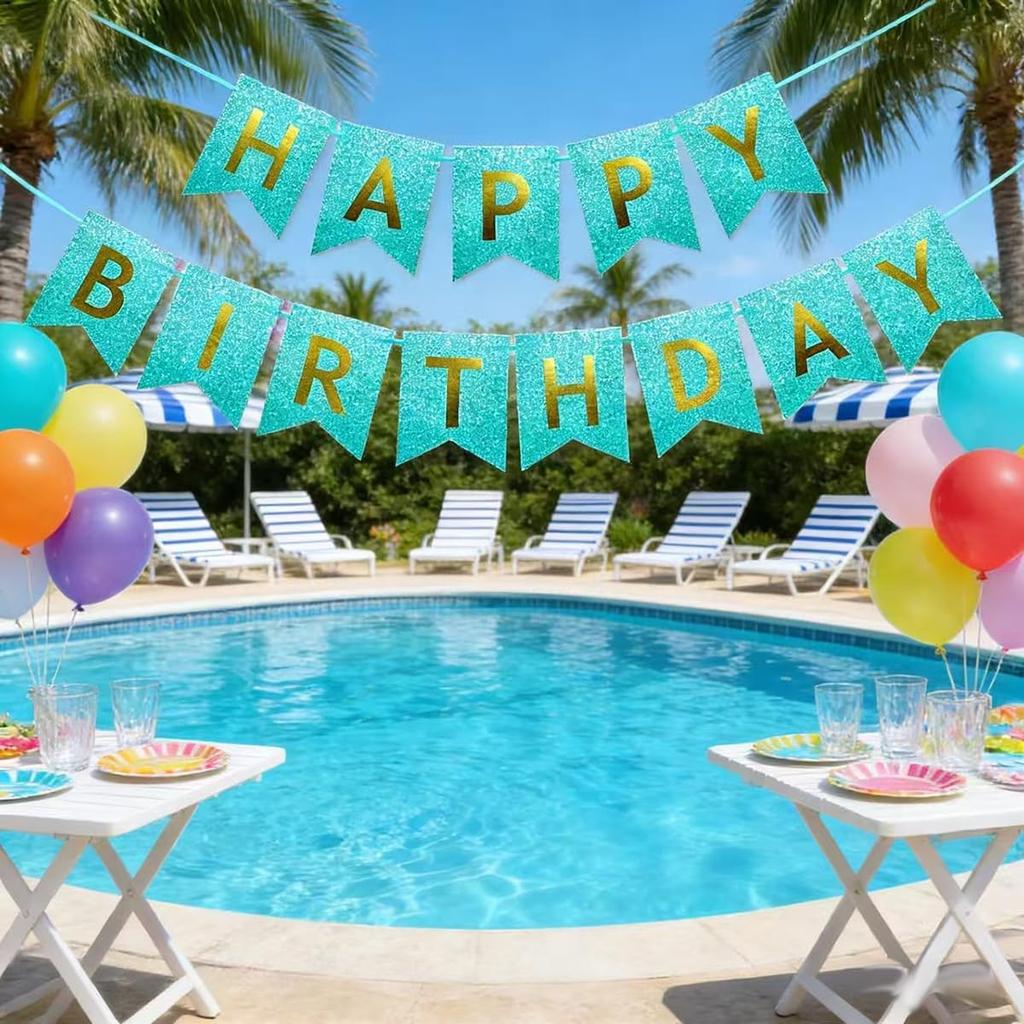 Teal Glitter Gold Happy Birthday Banner Sign Turquoise Aqua Decorations for Girls Men Women Anniversary Birthday Party Garland Backdrop Supplies