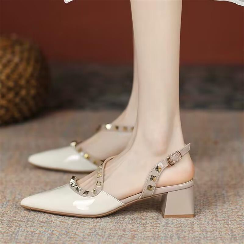 

New Chinese nude bag head sandals women s 2025 summer new pointed thick heel rivet one-word high heel hollow shoes 40