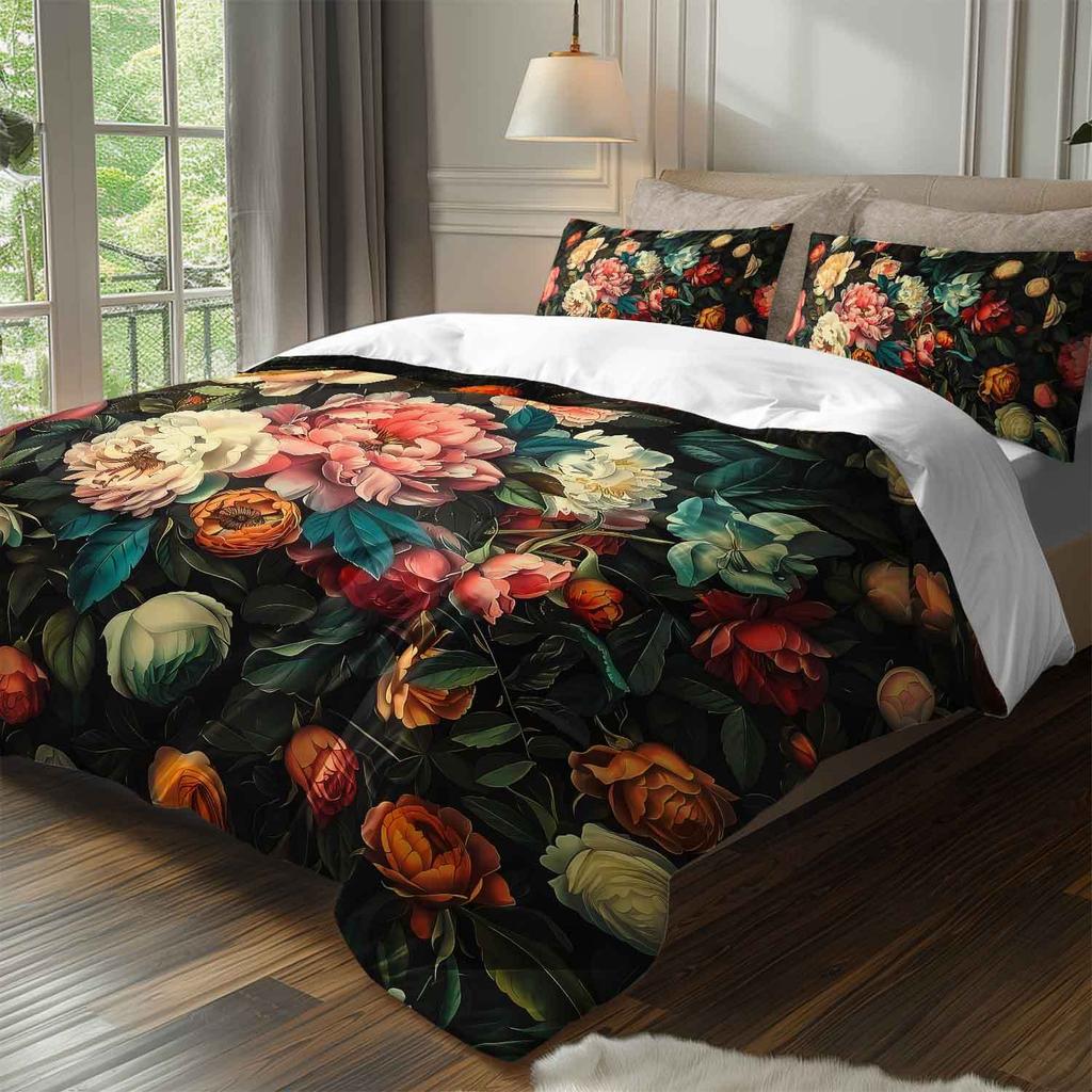 3pcs Vintage Floral Bedding Duvet Cover Set Bohemian Floral Bedding Quilt Set Dark Floral Themed Bed Quilt Set Luxury