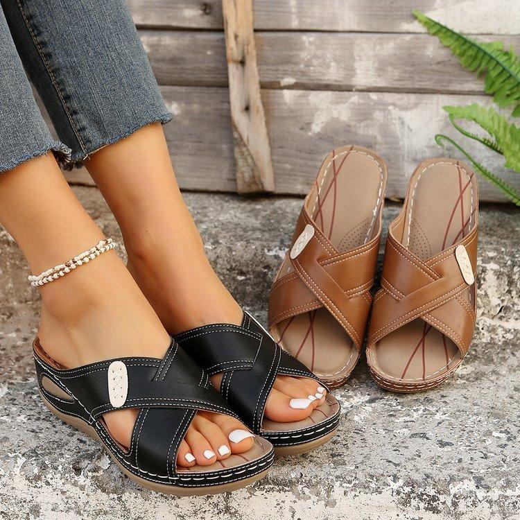 Summer sandals women s retro wedge heel sewing line cross shoes slippers 36 2683₽