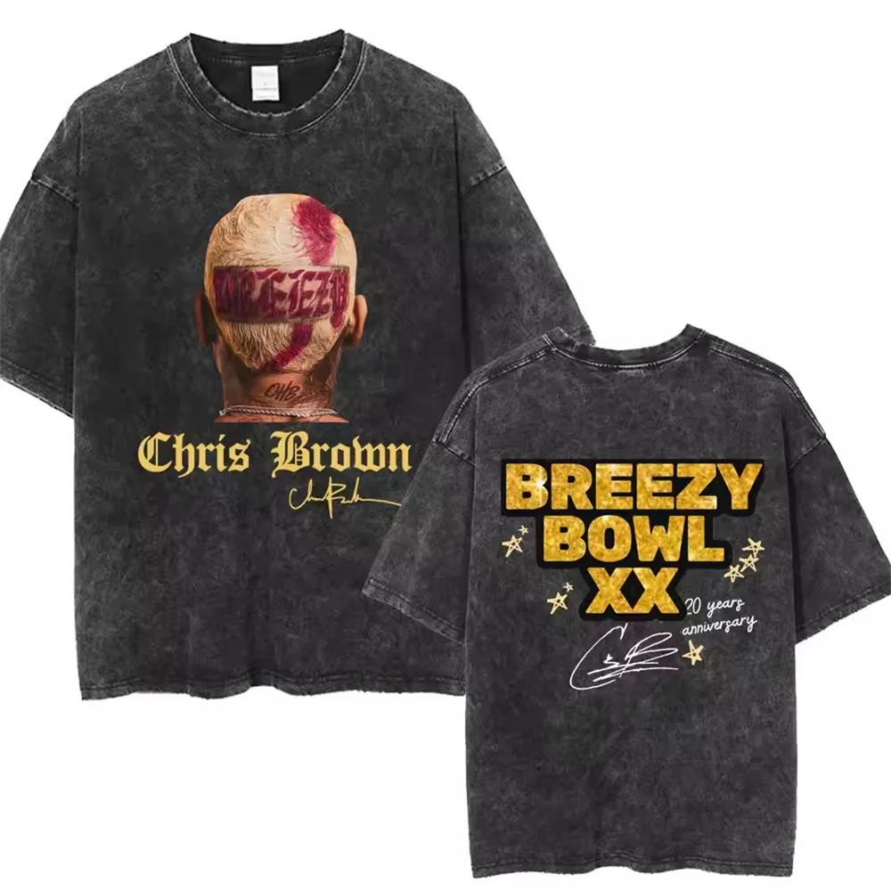 Chris Brown Breezy Bowl XX Concert Cotton Tee Tour Washed T Shirt Vintage Gothic Top Men's Portrait Hip Hop Streetwear