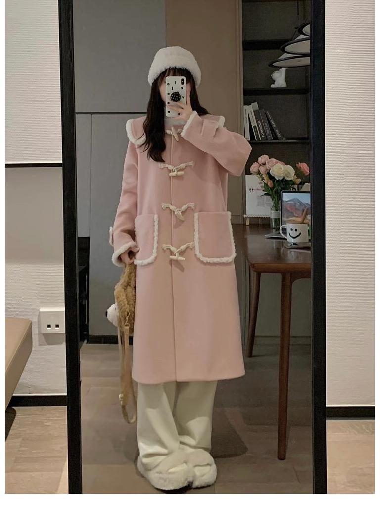 Women's Korean Pink Lambswool Tweed Coat: Winter 2025, Horn Button, Loose Fit