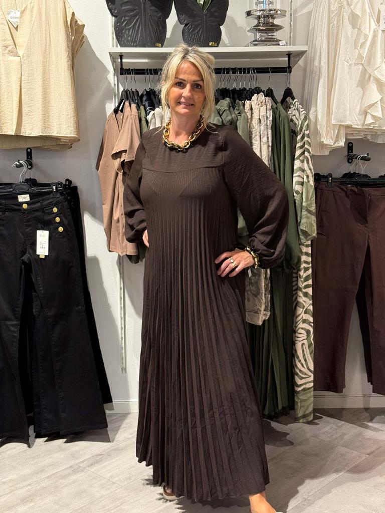 Herbst Damen Casual Einfarbig Plissiertes Langes Kleid