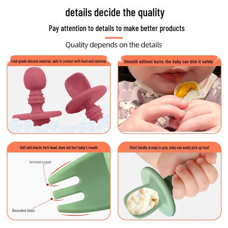 Bebek Gıda Sınıfı Silikon Çatal & Kaşık Seti - Ek Gıdaya Geçiş ve Eğitim İçin Yumuşak Kısa Çatal & Kaşık