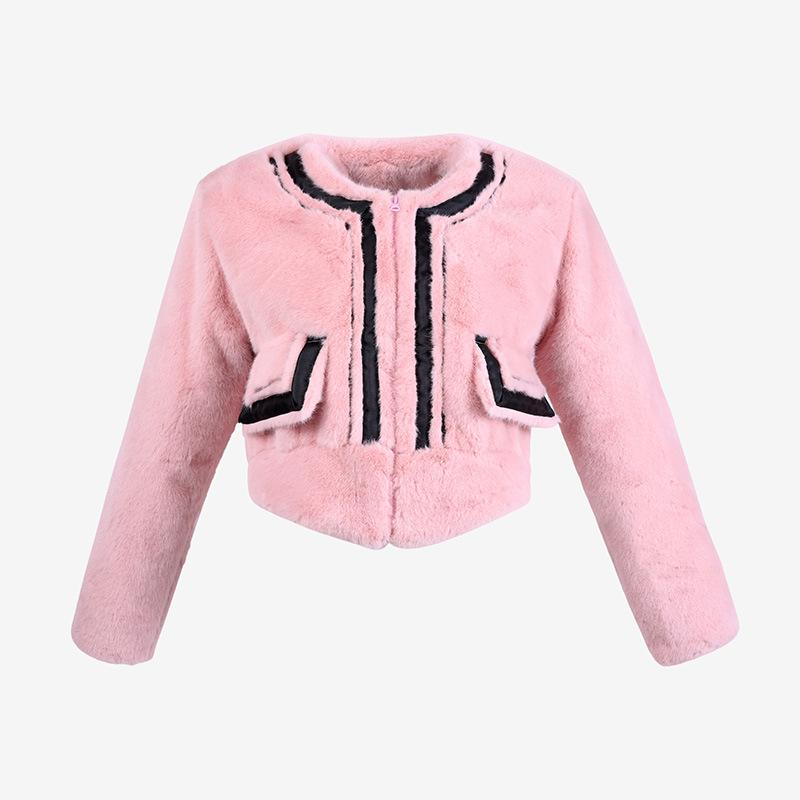 Europe, America, autumn and winter imitation rabbit fur short waist jacket imitation fur zipper plush warm jacket women