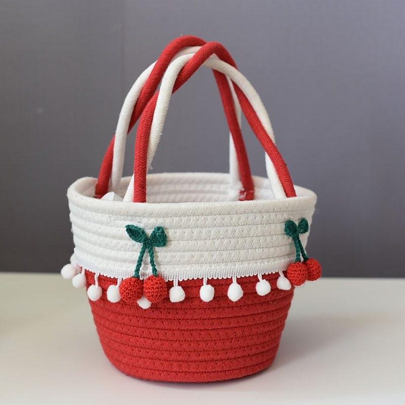 Elegant Small Red Handcrafted Woven Bucket Bag With Cherry Lace Perfect For Any Occasion