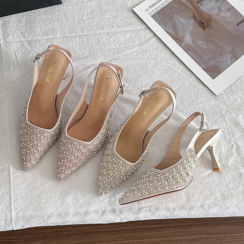 B813-ES8 Sequined Temperament Socialite Bag Head Sandals 2025 New Summer Pointed Rear Empty High-heeled Shoes
