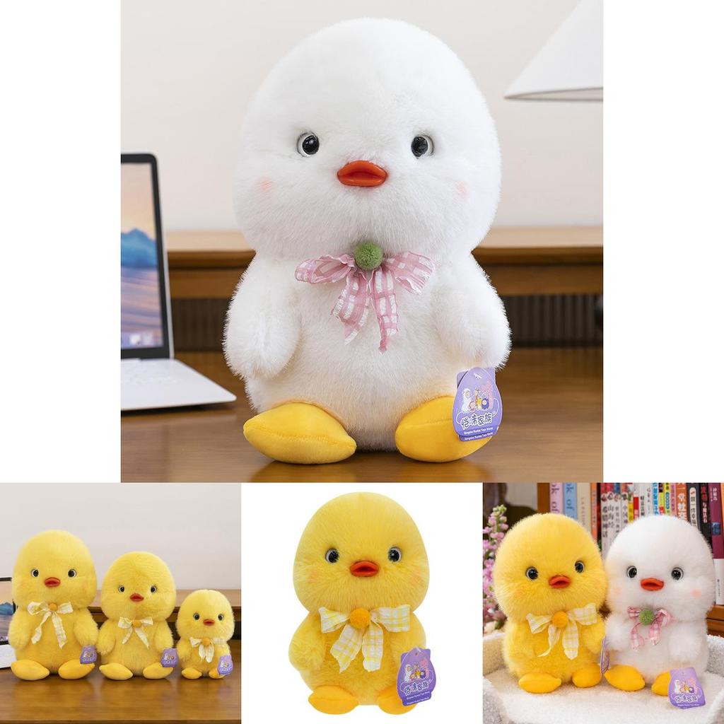 Plush Yellow And White Duck Toy With Plaid Bow For Childrens Gift And Collectible