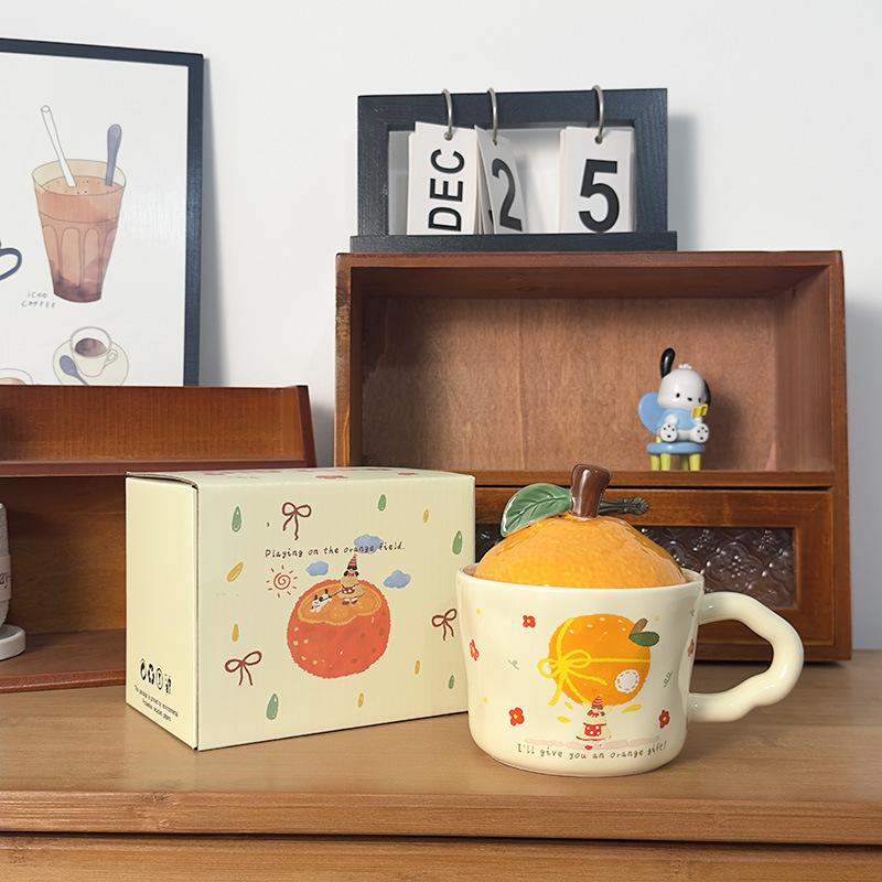 Cute Orange Cat Mug with Lid Creative Good Luck Cup Girls Home Coffee Cup Chinese New Year Gift