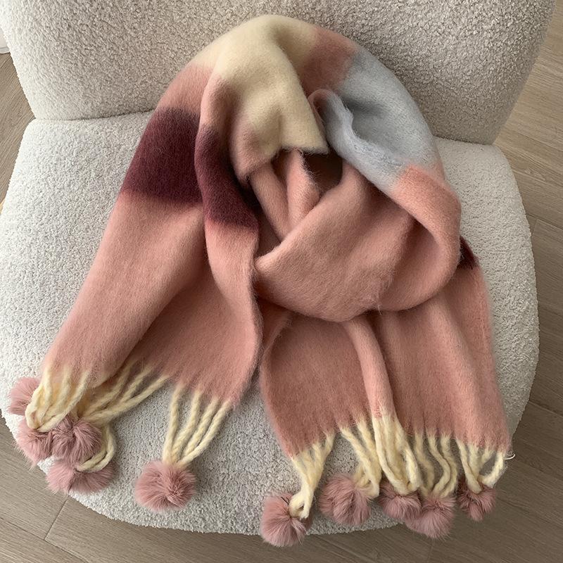 Dopamine Color Striped Handmade Hairball Warm Scarf Women's Winter Thickened Cold-proof Couple Scarf Shawl