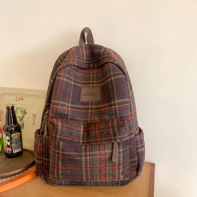 Schultaschen-Rucksack für Damen, wollener Herbst/Winter neuer Mittelschulrucksack, einfacher karierter Reiserucksack, Schulranzen im College-Stil