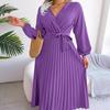 Fashion Soft Comfortable Spring Autumn Women Elegant V Neck Long Sleeve Pleated Maxi Dress Red Blue Casual Green Black Soild Color