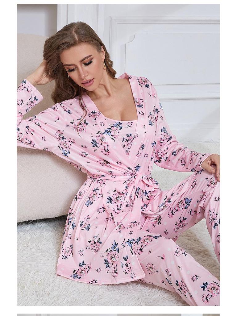 Three-Piece Pajama Set: Robe, Long Pants & Camisole In European & American Sizes