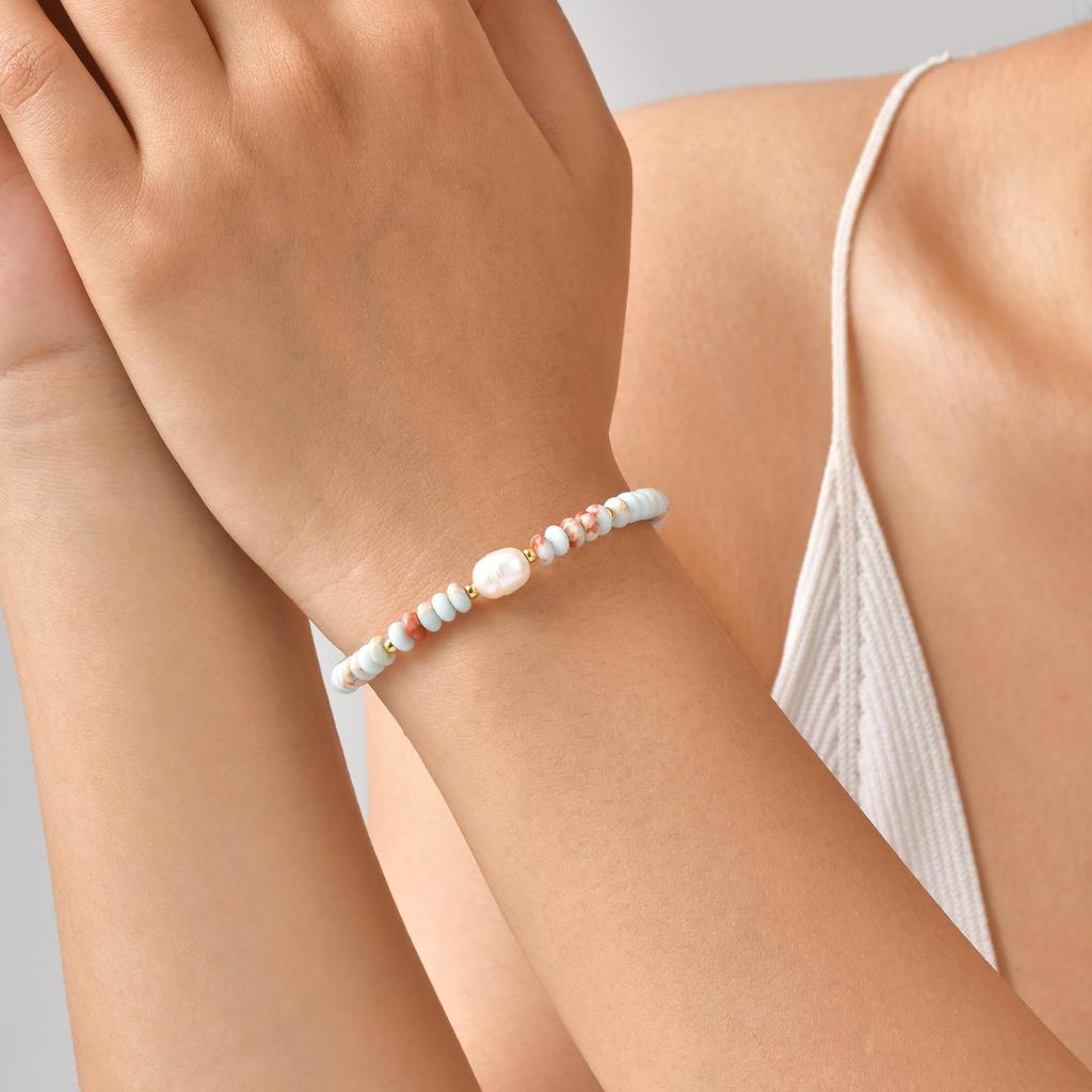 Trendy Imitation Pearl Colorful Beads Bracelet for Women, Stainless Steel Handmade Chain Bracelet for Women Fashion Boho Jewelry