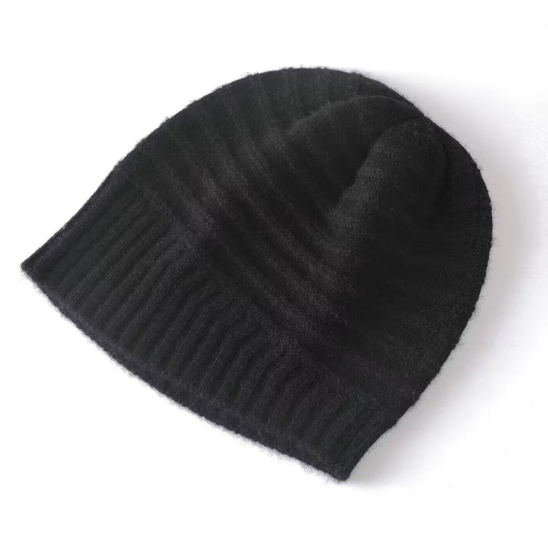 Women's Pure Wool Knit Beanie Hat Winter Warm Striped Pattern Soft Cozy Thickened Cap Headwear for Cold Weather Hiking