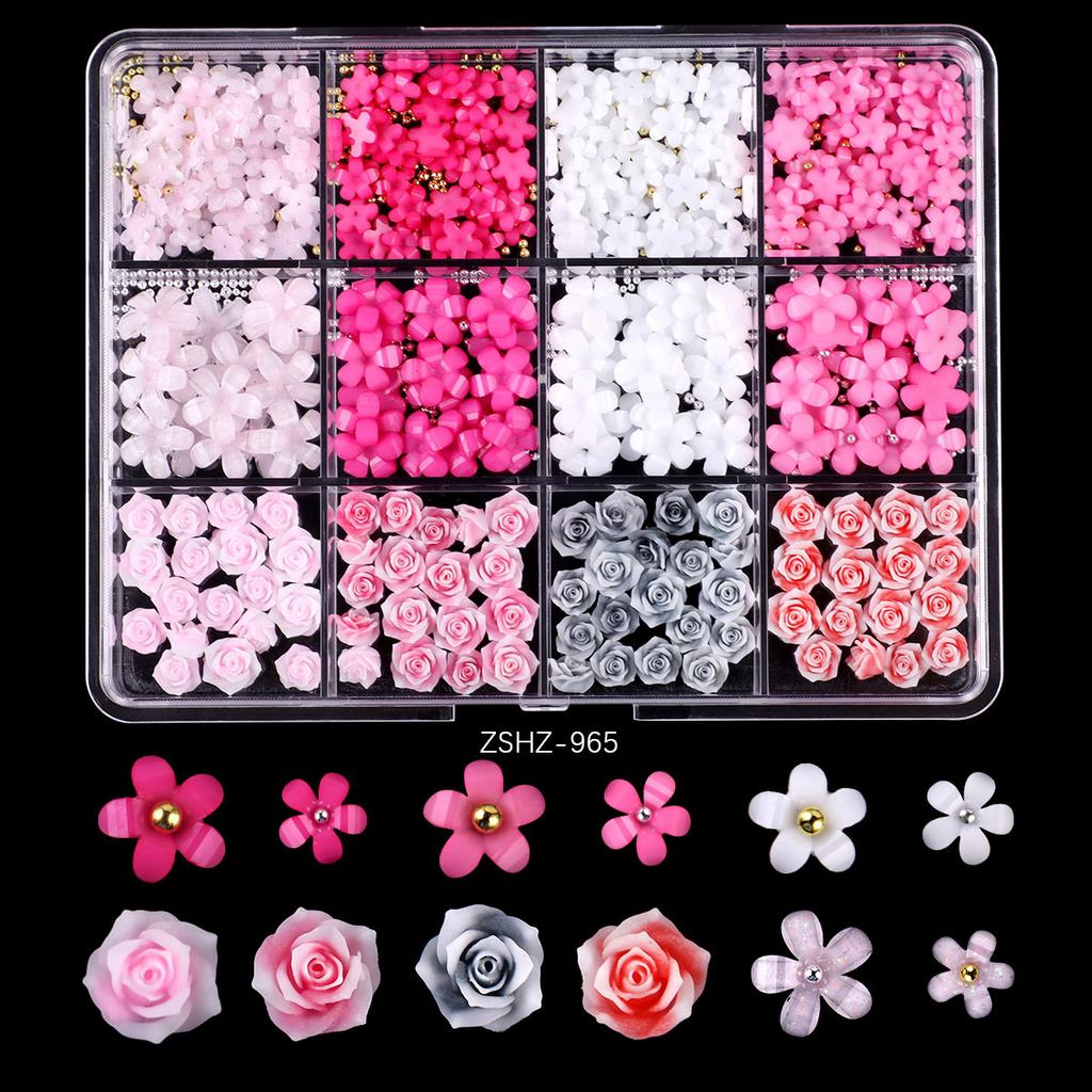 12 Grid Rose Nail Art Alloy Jewelry Resin Bow Camellia Three-Dimensional Flower Mixed Box