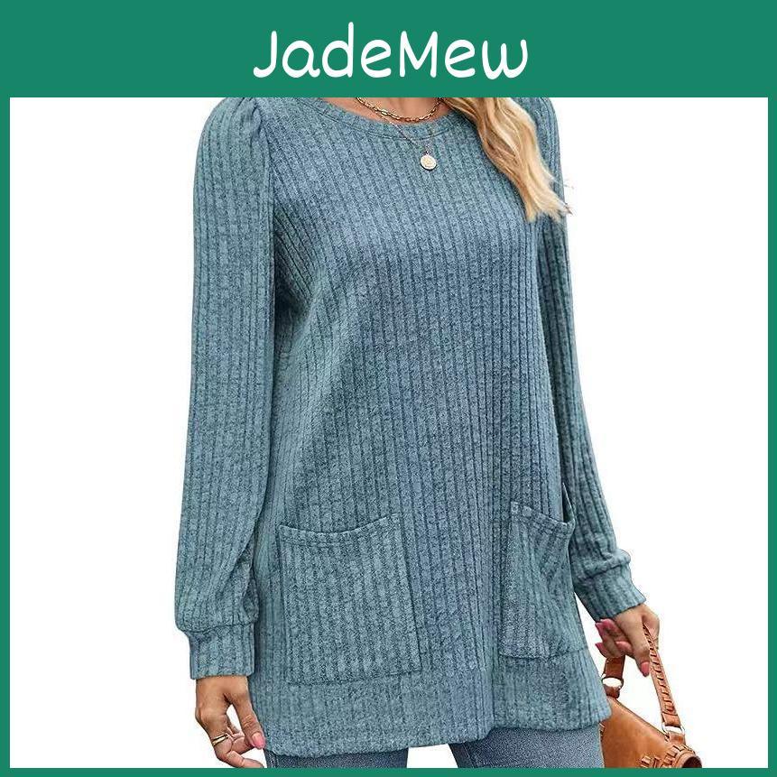 Elastic Winter Pocket Autumn Ribknit Top Solid Loose Casual Bubble Sleeve Tshirt For Women