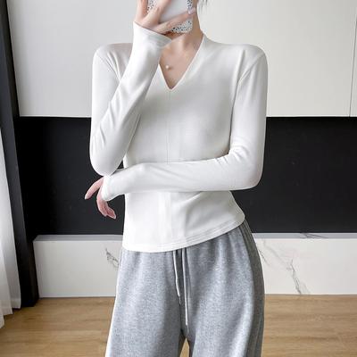 Tessuto di Cotone a Coste Stile Slim Scollo a V Maniche Lunghe Semplice e Versatile Sexy Hot Girl Maglietta Base Sottile Top