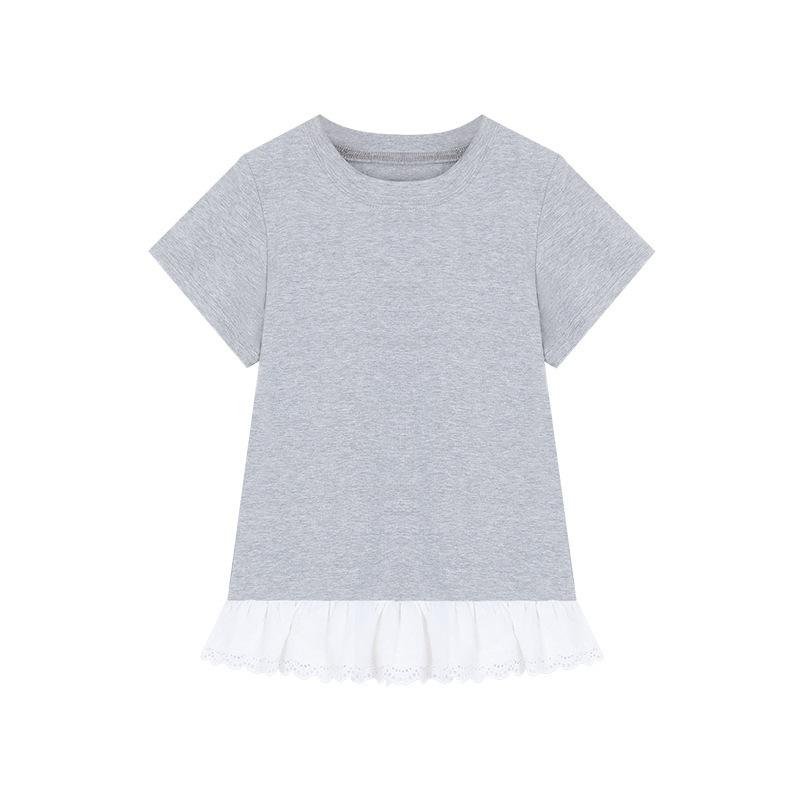 

Gentle and sweet girl style design sense lace splicing short-sleeved T-shirt women s summer slim and thin student tops trendy XXL