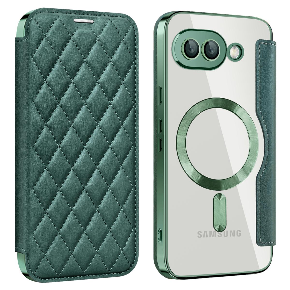 

For Google Pixel 9a Case Compatible with MagSafe Rhombus PU Leather Phone Cover Blackish Green