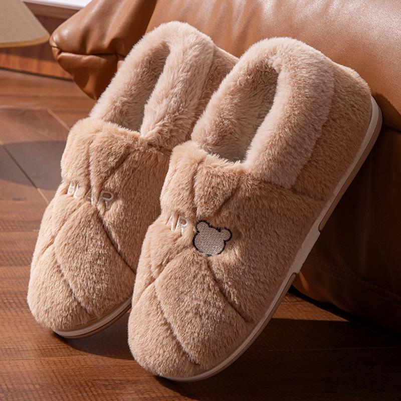 Men's and Women's Winter Waterproof Cotton Slippers - Silent, Plush, Warm, Thick Sole, Closed Heel, Deodorant Down Cloth